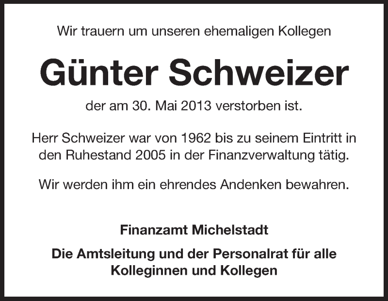  Traueranzeige für Günter Schweizer vom 05.06.2013 aus Odenwälder Echo