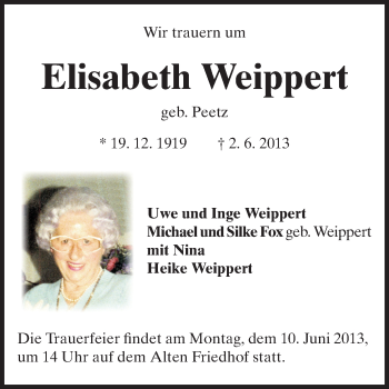 Traueranzeige von Elisabeth Weippert von Echo-Zeitungen (Gesamtausgabe)