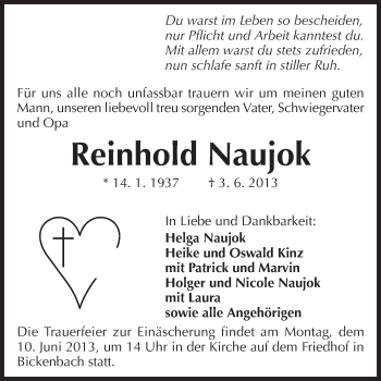 Traueranzeige von Reinhold Naujok von Echo-Zeitungen (Gesamtausgabe)
