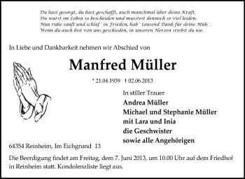 Traueranzeige von Manfred Müller von Darmstädter Echo, Odenwälder Echo, Rüsselsheimer Echo, Groß-Gerauer-Echo, Ried Echo