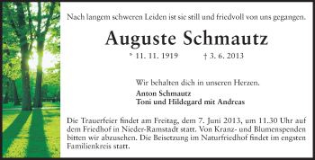 Traueranzeige von Auguste Schmautz von Echo-Zeitungen (Gesamtausgabe)