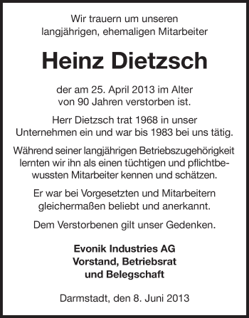 Traueranzeige von Heinz Dietzsch von Echo-Zeitungen (Gesamtausgabe)