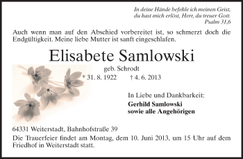 Traueranzeige von Elisabete Samlowski von Echo-Zeitungen (Gesamtausgabe)