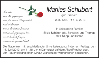 Traueranzeige von Marlies Schubert von Echo-Zeitungen (Gesamtausgabe)