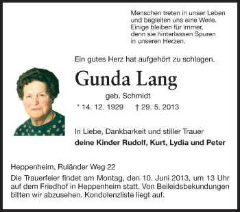 Traueranzeige von Gunda Lang von Starkenburger Echo