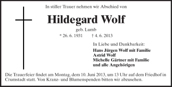 Traueranzeige von Hildegard Wolf von Rüsselsheimer Echo, Groß-Gerauer-Echo, Ried Echo