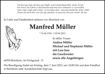Traueranzeige von Manfred Müller von Echo-Zeitungen (Gesamtausgabe)