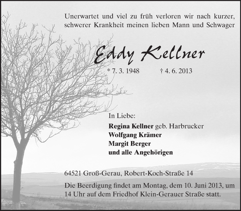  Traueranzeige für Eddy Kellner vom 07.06.2013 aus Rüsselsheimer Echo, Groß-Gerauer-Echo, Ried Echo