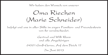 Traueranzeige von Marie Schneider von Rüsselsheimer Echo, Groß-Gerauer-Echo, Ried Echo