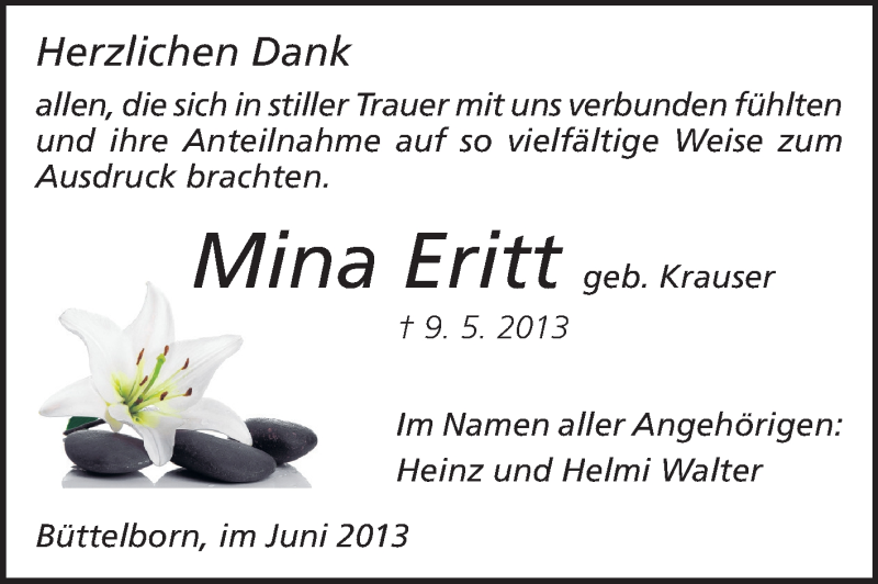  Traueranzeige für Mina Eritt vom 08.06.2013 aus Rüsselsheimer Echo, Groß-Gerauer-Echo, Ried Echo