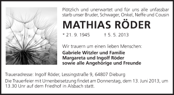 Traueranzeige von Mathias Röder von Echo-Zeitungen (Gesamtausgabe)