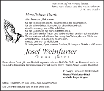 Traueranzeige von Josef Weinfurter von Echo-Zeitungen (Gesamtausgabe)