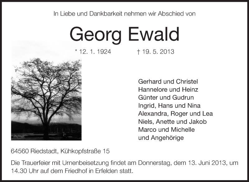  Traueranzeige für Georg Ewald vom 08.06.2013 aus Rüsselsheimer Echo, Groß-Gerauer-Echo, Ried Echo
