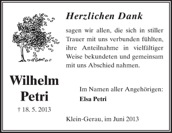 Traueranzeige von Wilhelm Petri von Rüsselsheimer Echo, Groß-Gerauer-Echo, Ried Echo