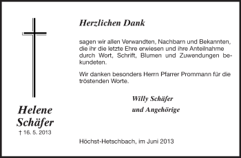 Traueranzeige von Helene Schäfer von Odenwälder Echo