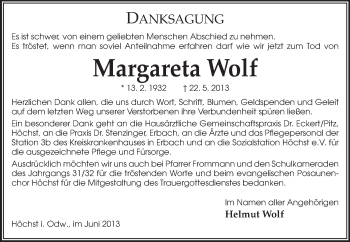 Traueranzeige von Margareta Wolf von Odenwälder Echo