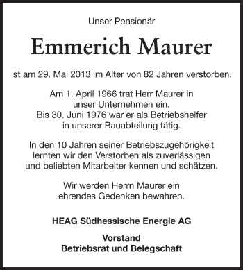 Traueranzeige von Emmerich Maurer von Echo-Zeitungen (Gesamtausgabe)