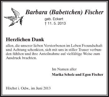 Traueranzeige von Barbara Fischer von Odenwälder Echo