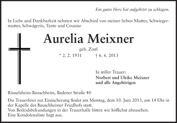 Traueranzeige von Aurelia Meixner von Rüsselsheimer Echo, Groß-Gerauer-Echo, Ried Echo