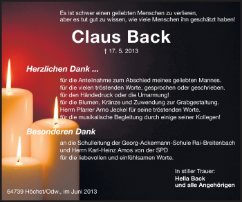Traueranzeige von Claus Back von Odenwälder Echo