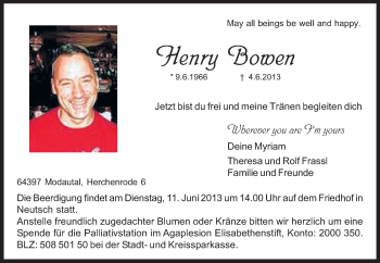 Traueranzeige von Henry Bowen von Echo-Zeitungen (Gesamtausgabe)