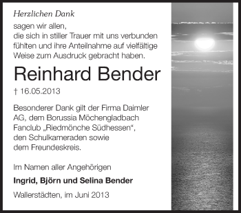 Traueranzeige von Reinhard Bender von Rüsselsheimer Echo, Groß-Gerauer-Echo, Ried Echo