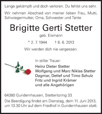 Traueranzeige von Brigitte Gerti Stetter von Echo-Zeitungen (Gesamtausgabe)