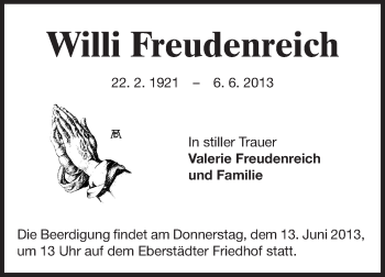 Traueranzeige von Willi Freudenreich von Echo-Zeitungen (Gesamtausgabe)