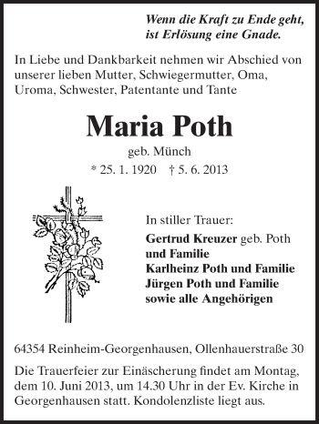 Traueranzeige von Maria Poth von Echo-Zeitungen (Gesamtausgabe)