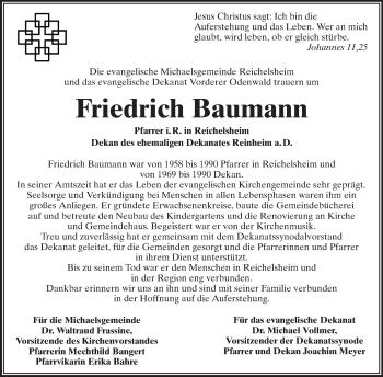 Traueranzeige von Friedrich Baumann von Echo-Zeitungen (Gesamtausgabe)