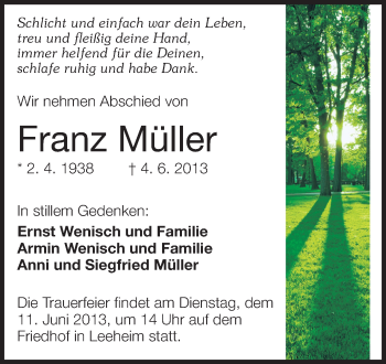 Traueranzeige von Franz Müller von Rüsselsheimer Echo, Groß-Gerauer-Echo, Ried Echo