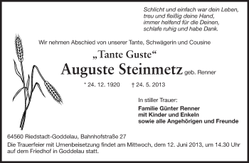 Traueranzeige von Auguste Steinmetz von Rüsselsheimer Echo, Groß-Gerauer-Echo, Ried Echo