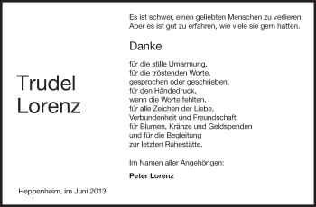 Traueranzeige von Trudel Lorenz von Starkenburger Echo