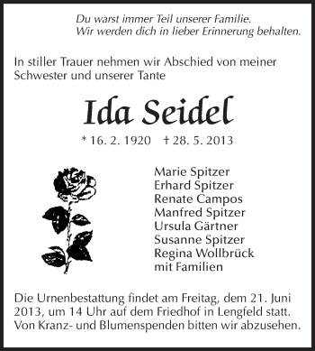 Traueranzeige von Ida Seidel von Echo-Zeitungen (Gesamtausgabe)