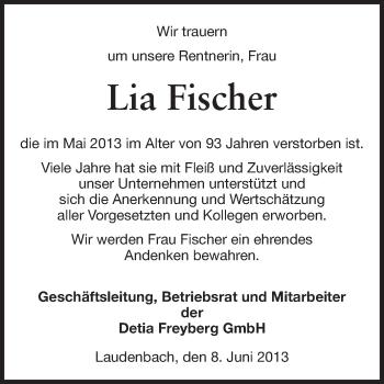 Traueranzeige von Lia Fischer von Starkenburger Echo