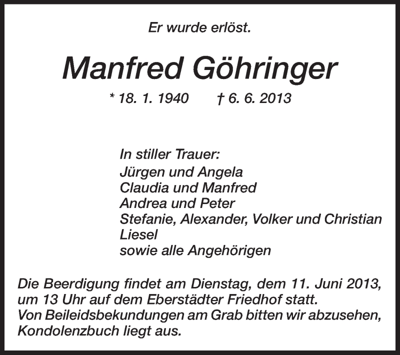  Traueranzeige für Manfred Göhringer vom 10.06.2013 aus Echo-Zeitungen (Gesamtausgabe)