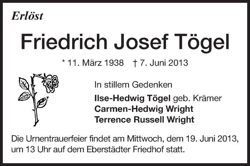  Traueranzeige für Friedrich Josef Tögel vom 15.06.2013 aus Echo-Zeitungen (Gesamtausgabe)