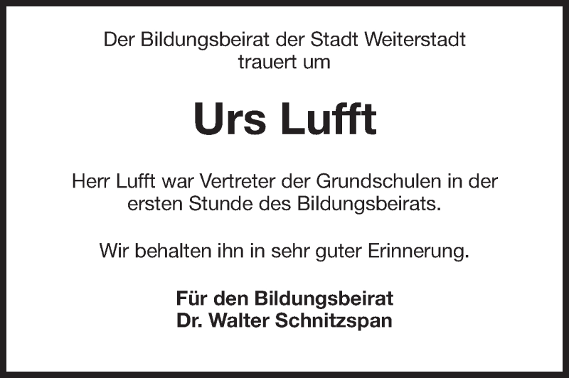  Traueranzeige für Urs Lufft vom 29.06.2015 aus Echo-Zeitungen (Gesamtausgabe)
