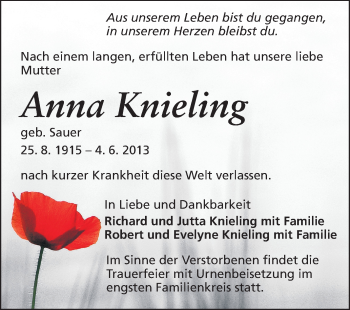 Traueranzeige von Anna Knieling von Echo-Zeitungen (Gesamtausgabe)