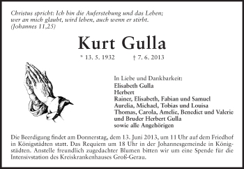 Traueranzeige von Kurt Gulla von Rüsselsheimer Echo, Groß-Gerauer-Echo, Ried Echo