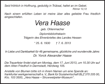 Traueranzeige von Vera Haase von Echo-Zeitungen (Gesamtausgabe)