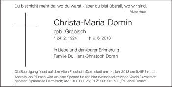 Traueranzeige von Christa-Maria Domin von Darmstädter Echo, Odenwälder Echo, Rüsselsheimer Echo, Groß-Gerauer-Echo, Ried Echo
