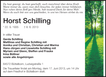 Traueranzeige von Horst Schilling von Rüsselsheimer Echo, Groß-Gerauer-Echo, Ried Echo