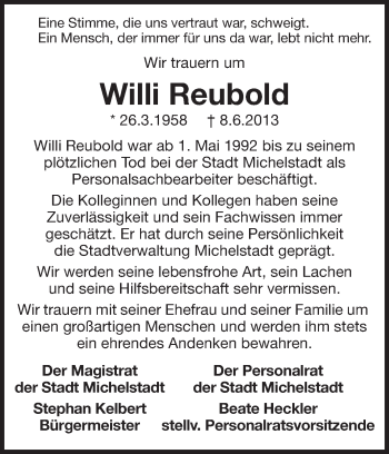 Traueranzeige von Willi Reubold von Odenwälder Echo
