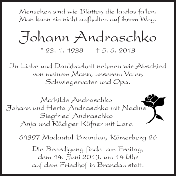Traueranzeige von Johann Andraschko von Echo-Zeitungen (Gesamtausgabe)
