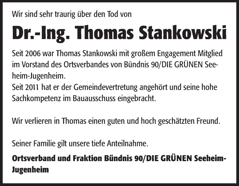  Traueranzeige für Thomas Stankowski vom 12.06.2013 aus Echo-Zeitungen (Gesamtausgabe)