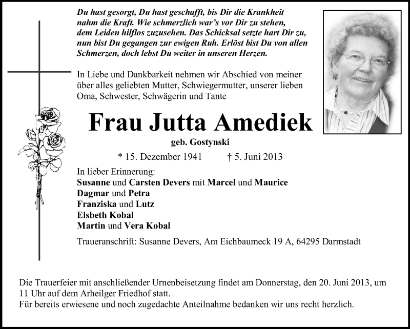  Traueranzeige für Jutta Amediek vom 15.06.2013 aus Echo-Zeitungen (Gesamtausgabe)