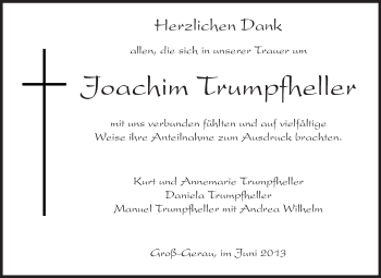 Traueranzeige von Joachim Trumpfheller von Rüsselsheimer Echo, Groß-Gerauer-Echo, Ried Echo
