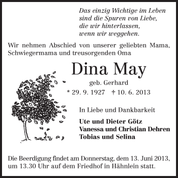 Traueranzeige von Dina May von Echo-Zeitungen (Gesamtausgabe)