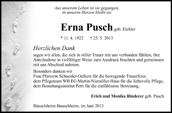 Traueranzeige von Erna Pusch von Rüsselsheimer Echo, Groß-Gerauer-Echo, Ried Echo